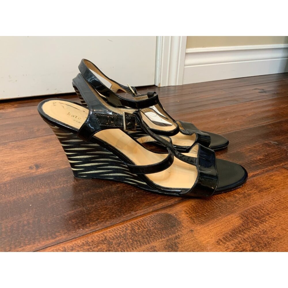 Kate Spade New York Patent Leather Black Strappy Patterned Wedge Heels, Size 11